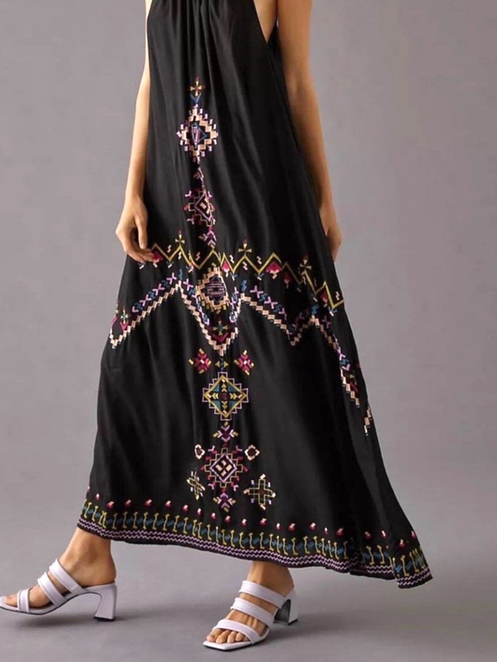 Black Embroidered Anthropologie Maxi Dress with Colorful Geometric Accents